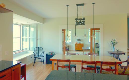 Dining area with carriage company workbench table